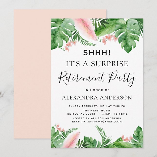 Invitación Sorpresa Fiesta de Jubilación Tropical Palm Floral (Anverso / Reverso)