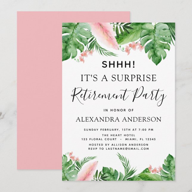 Invitación Sorpresa Fiesta de Jubilación Tropical Palm Floral (Anverso / Reverso)