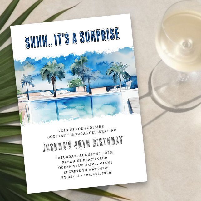 Invitación Sorpresa Fiesta de verano Cualquier grupo de adult (Surprise Birthday Party with watercolor landscape of tropical pool - editable for any age)