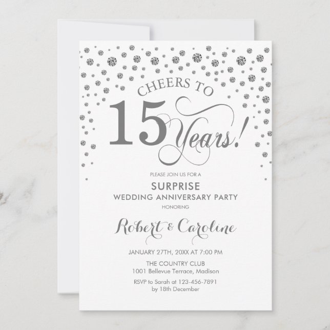 Invitación Sorpresa Fiesta del 15° Aniversario - Blanco plate (Anverso)