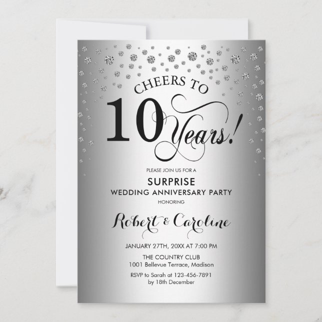 Invitación Sorpresa Fiesta del décimo aniversario - negro pla (Anverso)