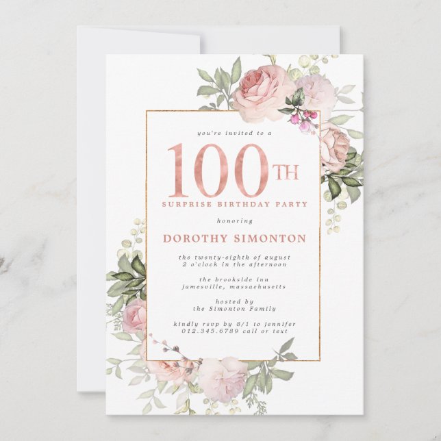 Invitación SORPRESA FIESTA Floral de oro rosa 100 cumpleaños (Anverso)