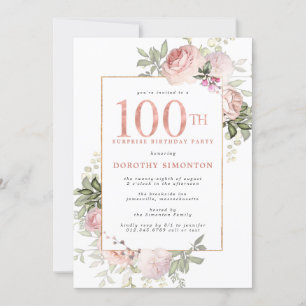 Invitación SORPRESA FIESTA Floral de oro rosa 100 cumpleaños