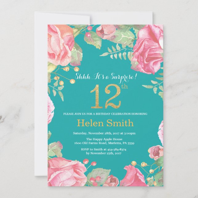 Invitación Sorpresa floral 12º cumpleaños oro y Verde azulado (Anverso)