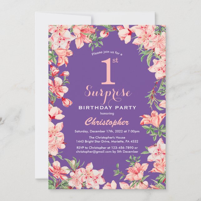 Invitación Sorpresa Floral 1er cumpleaños Flores rosadas mora (Anverso)