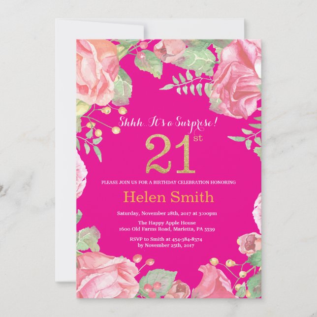 Invitación Sorpresa floral 21º cumpleaños Oro y rosa caliente (Anverso)