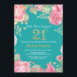Invitación Sorpresa floral 21 cumpleaños oro y Verde azulado<br><div class="desc">Invitación de cumpleaños número 21 para mujeres. Flor floral botánica acuarela.Brillantina dorada. Flores Florales De Peonies Rosados. Cumpleaños de adultos. Fondo Verde azulado Aqua Turquesa.
Para más personalización,  haga clic en el botón "Personalizar" y utilice nuestra herramienta de diseño para modificar esta plantilla.</div>