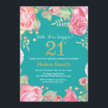 Invitación Sorpresa floral 21 cumpleaños oro y Verde azulado<br><div class="desc">Invitación de cumpleaños número 21 para mujeres. Flor floral botánica acuarela.Brillantina dorada. Flores Florales De Peonies Rosados. Cumpleaños de adultos. Fondo Verde azulado Aqua Turquesa.
Para más personalización,  haga clic en el botón "Personalizar" y utilice nuestra herramienta de diseño para modificar esta plantilla.</div>