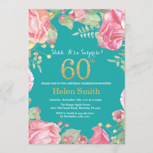 Invitación Sorpresa floral 60 cumpleaños oro y Verde azulado