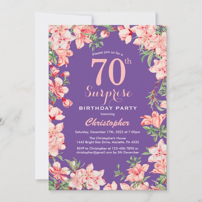 Invitación Sorpresa Floral 70 cumpleaños Flores rosadas morad (Anverso)