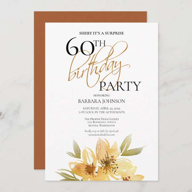 Invitación Sorpresa floral amarilla y cobre 60 cumpleaños (Anverso / Reverso)