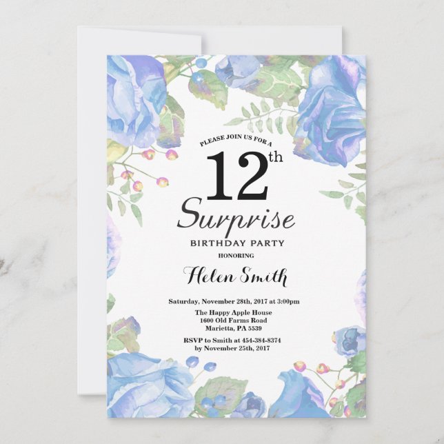 Invitación Sorpresa Floral Azul Botánica 12 cumpleaños (Anverso)