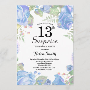 Invitación Sorpresa Floral Azul Botánica 13 cumpleaños