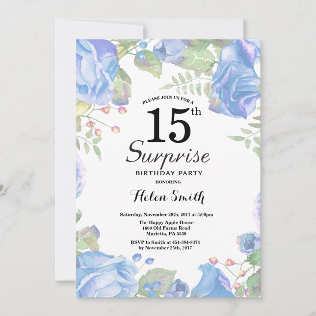 Invitación Sorpresa Floral Azul Botánica 15 cumpleaños (Anverso)