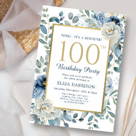 Invitación Sorpresa Floral Azul Dusty 100 cumpleaños