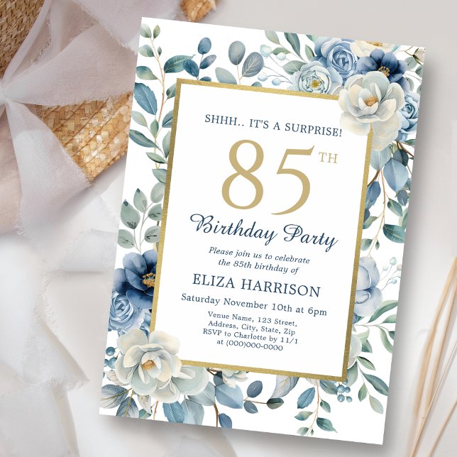 Invitación Sorpresa Floral Azul Dusty 85º cumpleaños (Subido por el creador)