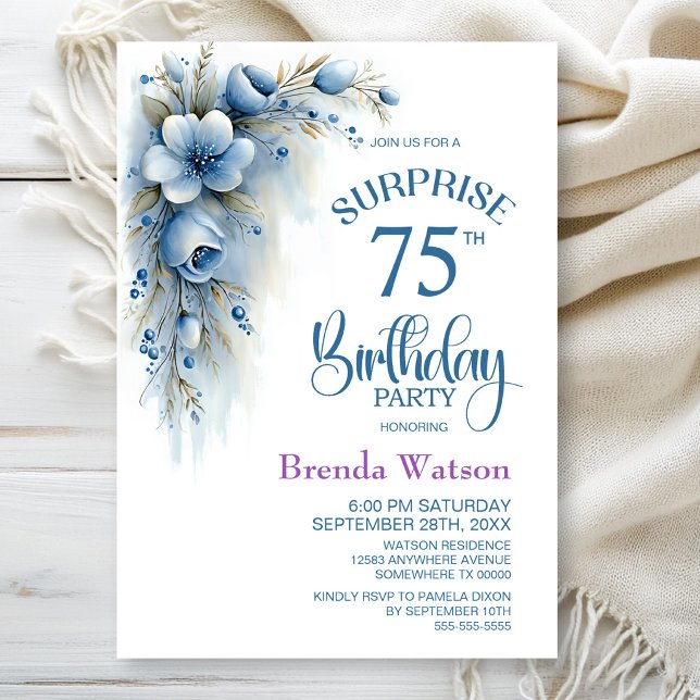 Invitación Sorpresa floral azul para cumpleaños 75 (Subido por el creador)