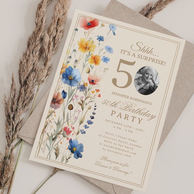 Invitación Sorpresa floral boho para su fiesta de cumpleaños  (Boho Floral Surprise 50th Birthday Party For Her Invitation)