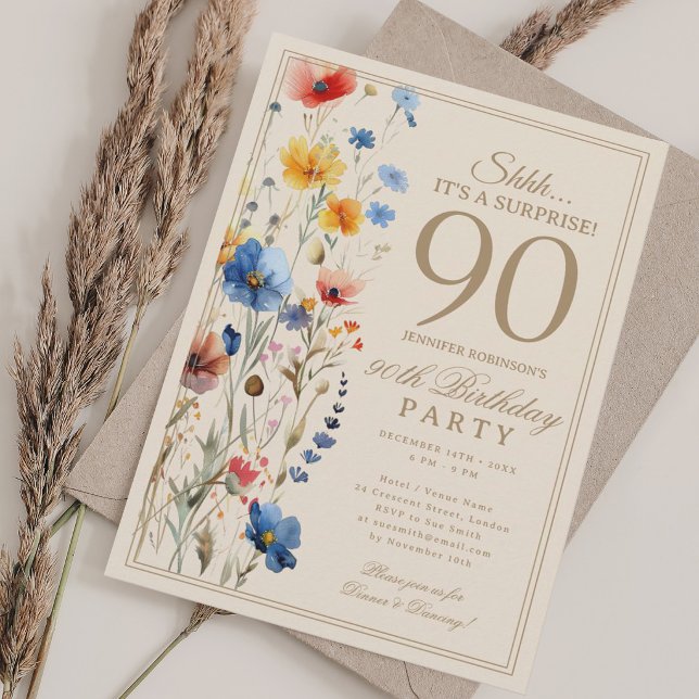 Invitación Sorpresa floral boho para su fiesta de cumpleaños  (Boho Floral Surprise 90th Birthday Party For Her Invitation)