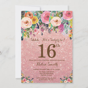 Invitación Sorpresa floral con brillo de oro rosa para 16 cum