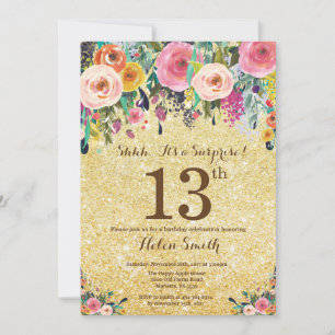 Invitación Sorpresa floral con brillo dorado para 13 cumpleañ