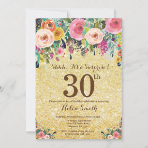 Invitación Sorpresa floral con brillo dorado para cumpleaños