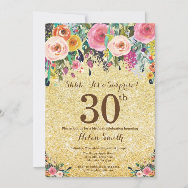 Invitación Sorpresa floral con brillo dorado para cumpleaños  (Anverso)
