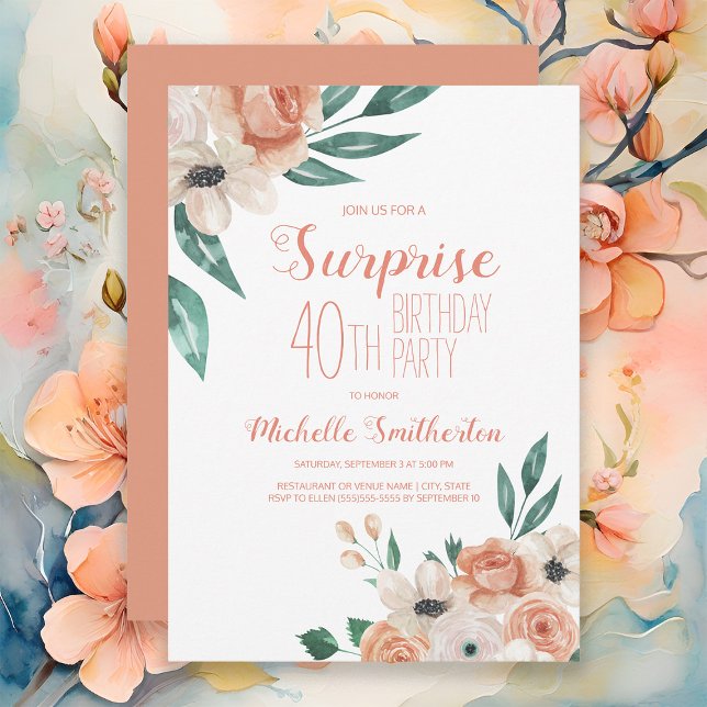 Invitación Sorpresa floral de acuarela de melocotón Cumpleaño (Peach watercolor floral women's surprise 40th birthday party invitation)