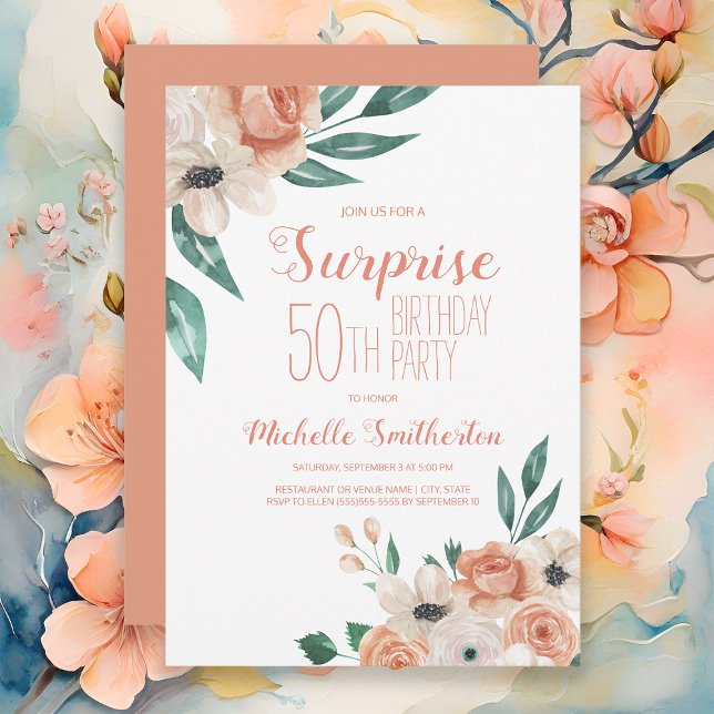 Invitación Sorpresa floral de acuarela de melocotón Cumpleaño (Elegant peach watercolor floral women's 50th birthday party invitation)