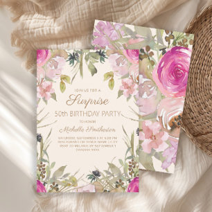 Invitación Sorpresa floral de acuarela rosa para 50 cumpleaño