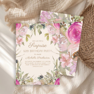 Invitación Sorpresa floral de acuarela rosa para 60 cumpleaño