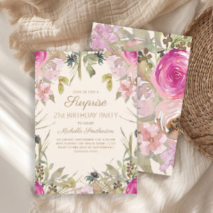 Invitación Sorpresa floral de acuarela rosa para cumpleaños 2