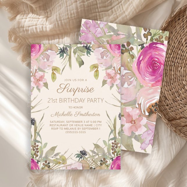 Invitación Sorpresa floral de acuarela rosa para cumpleaños 2 (Elegant pink watercolor floral and sage green leaves surprise 21st birthday party invitation)