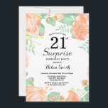 Invitación Sorpresa floral de melocotón botánico Cumpleaños 2<br><div class="desc">Invitación de cumpleaños sorpresa floral de melocotón botánico Cumpleaños 21. Invitación de cumpleaños floral de peonías rosadas para mujeres. Flor de acuarela floral. Elegantes flores de rosa y peonía rosadas. Cumpleaños de adulto. Fondo blanco. Blanco y negro. 13 15 16 18 20 21 30 40 50 60 70 80 90...</div>