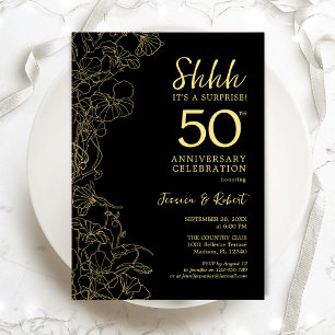 Invitación Sorpresa floral de oro negro 50 aniversario
