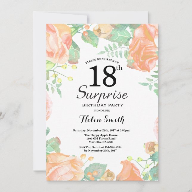 Invitación Sorpresa Floral de Peach Botánica 18 cumpleaños (Anverso)