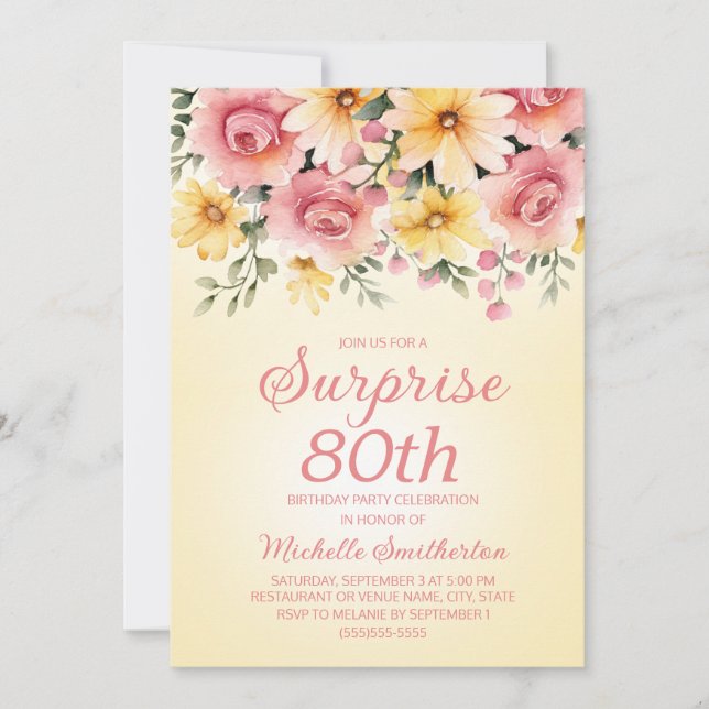 Invitación Sorpresa floral de primavera amarilla y rosa para  (Anverso)