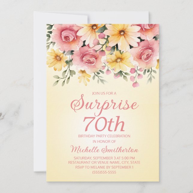 Invitación Sorpresa floral de primavera Amarillo Rosa 70º  (Anverso)