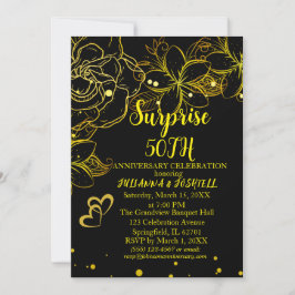 Invitación Sorpresa Floral Dorado Negro 50 Aniversario Dorado