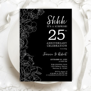 Invitación Sorpresa floral en blanco y negro 25 aniversario
