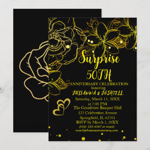 Invitación Sorpresa Floral Negra Dorada 50º Aniversario Dorad