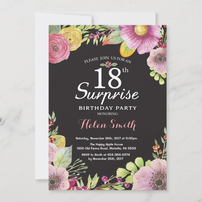 Invitación Sorpresa Floral para Cumpleaños 18 para (Anverso)