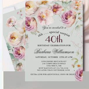 Invitación Sorpresa floral pintada elegante para 40 cumpleaño