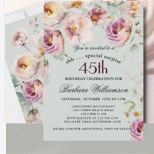 Invitación Sorpresa floral pintada elegante para 45 cumpleaño