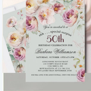Invitación Sorpresa floral pintada elegante para 50 cumpleaño