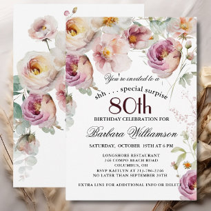Invitación Sorpresa floral pintada elegante para 80 cumpleaño