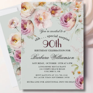 Invitación Sorpresa floral pintada elegante para 90 cumpleaño