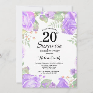 Invitación Sorpresa floral púrpura botánica cumpleaños 20