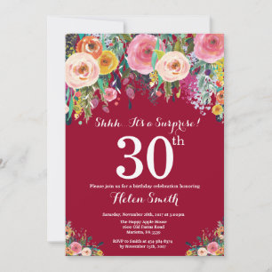 Invitación Sorpresa floral roja borgoña Cumpleaños 30