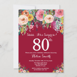 Invitación Sorpresa floral roja borgoña para 80 cumpleaños